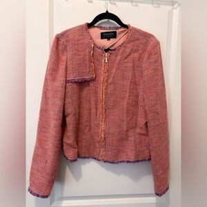 Escada Pink Tweed Zip-Front Jacket with Purple Fringe Cotton-Viscose-Linen